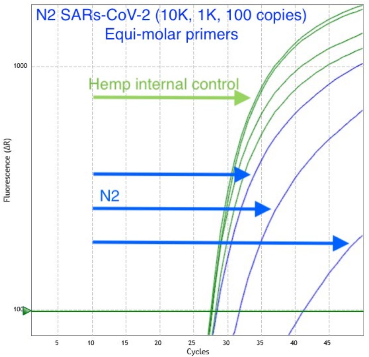 Assay LOD with Hemp Matrix.Serial dilution of SARs-CoV-2 positive control into hemp matrix. qPCR is detected on an Agilent Aria in FAM and HEX. BioRad CFX96 thermocycler was also tested. Hemp signal (Green/HEX) is relatively constant while SARs-CoV-2 amplicon N2 Cq (Blue/FAM) decays with 10-fold dilutions.