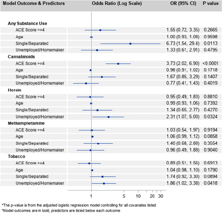 Adjusted odds ratios (log scale) from binomial logistic regression models predicting use of any substance, cannabinoids, heroin, methamphetamine, or tobacco during pregnancy (n = 218). ACE adverse childhood experience, OR odds ratio, CI confidence interval