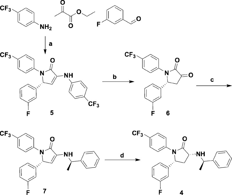 Synthesis of the Reference Standard 4Reagents and conditions: (a) acetic acid, (b) concentrated HCl and acetic acid, (c) (R)-(+)-1-phenylethylamine and CH2Cl2, and (d) NaBH3CN and acetic acid.