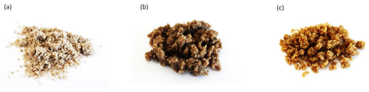 Hemp shives (HS) fillers used as reinforcing fillers: (a) non-treated hemp shives (HS), (b) hemp shives impregnated with sunflower oil (HS/SO), and (c) hemp shives impregnated with tung oil (HS/TO).