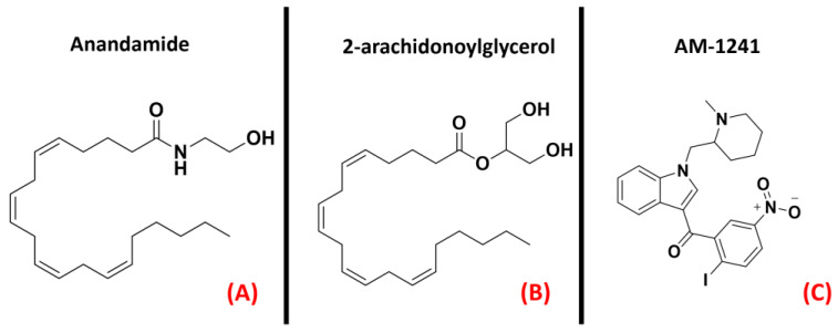 The chemical structures of the endogenous CB1 and CB2 receptors agonists anandamide (A) and 2-arachidonoylglycerol (B). The selective CB2 receptor agonist AM-1241 is also reported (C).
