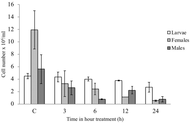 Mean (n = 10) and standard deviation of total hemocyte count (THC) recorded in the circulating hemolymph from RPW larvae, females, and males fed with untreated diet (control) and with diet containing Bt, collecting 3, 6, 12, and 24 h after treatment.