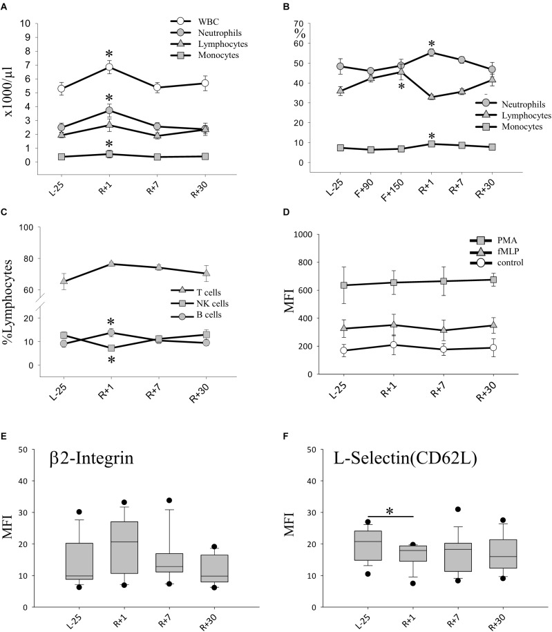 Leukocyte phenotype after long-duration space flight. (A) Absolute count of leukocytes (WBC) and subsets pre and post-flight, data expressed as mean ± SEM, n = 11 ∗ = P < 0.05 vs. L-25 control (B) Relative counts (%) of neutrophils lymphocytes and monocytes evidenced by blood smear analysis, data expressed as mean ± SEM, n = 8 on F+90 and n = 10 on F+150 ∗ = P < 0.05 vs. L-25 control (C) Relative counts (% lymphocytes) of lymphocyte subsets pre and post-flight, Data expressed as mean ± SEM, n = 12 ∗ = P < 0.05 vs. L-25 control (D) Expression of adhesion molecule β2 integrin (CD18) on the surface of PMNs. Data is expressed as median ± 95th and 5th percentile (E) Expression of adhesion molecule L-selectin (CD62L) on the surface of PMNs, data is expressed as median ± 95th and 5th percentile, n = 12, ∗ = P < 0.05. (F) Production of H2O2 measured after stimulation with PMA (positive control), with TNF-α/fMLP (physiologic stimulus) or without stimulus (Control), data expressed as mean ± SEM, n = 12.