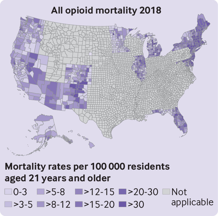 Age adjusted mortality rates related to all opioid types at county level for 23 states that allowed legal storefront dispensary operations (plus District of Columbia) for 2018. Mortality rates per 100 000 residents aged 21 years and older