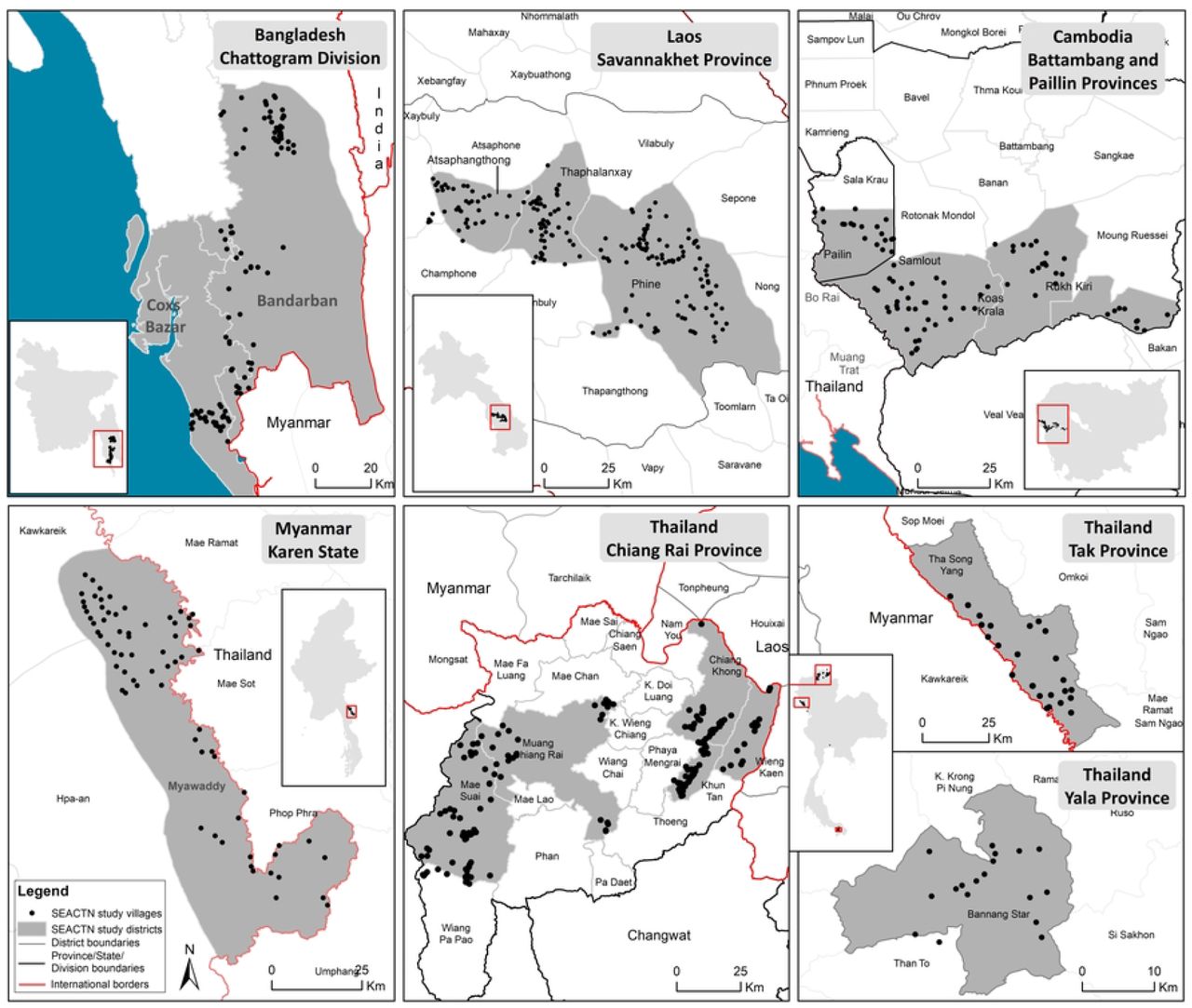 Locations of profiled villages within each study site of the South and Southeast Asian Community-based Trials Network.