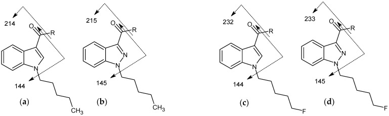 Formation of fragments of interest for indole and indazole core groups: (a) Indole core group with pentyl tail group. (b) Indazole core group with pentyl tail group. (c) Indole core group with 5-fluoropentyl tail group. (d) Indazole core group with 5-fluoropentyl tail group.