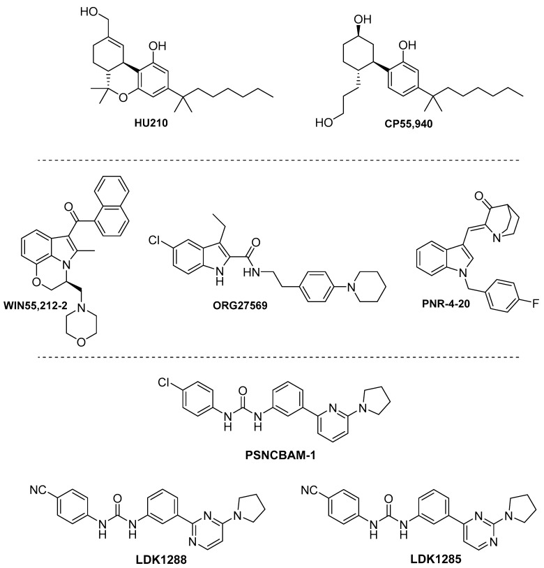 Structures of the phytocannabinoid synthetic ligands HU210 and CP55,940; indole derivatives WIN55,212-2, ORG27569, and PNR-4-20; and biphenylureas PSNCBAM-1, LDJ1288, and LDK1285.