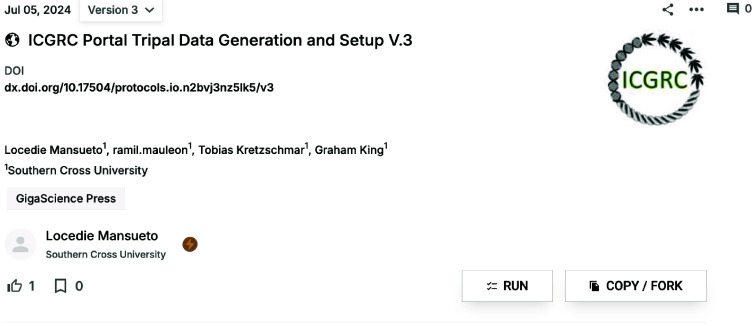 Protocols.io protocol for the ICGRC Portal Tripal Data Generation and Setup [46]. https://www.protocols.io/widgets/doi?uri=dx.doi.org/10.17504/protocols.io.n2bvj3nz5lk5/v3