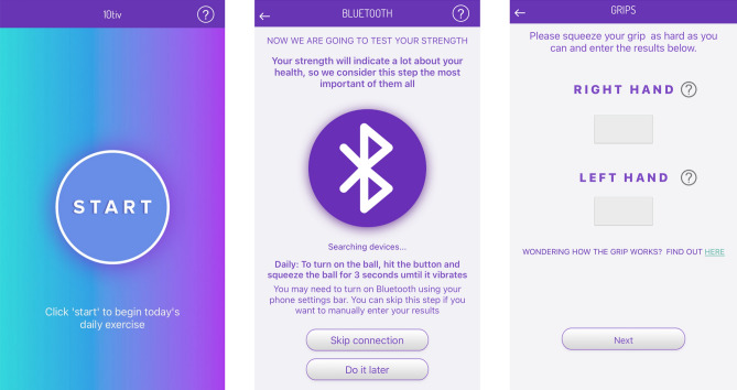 Screenshots of the 10tiv smartphone application displaying the grip strength questionnaire using the squeeze ball dynamometer.