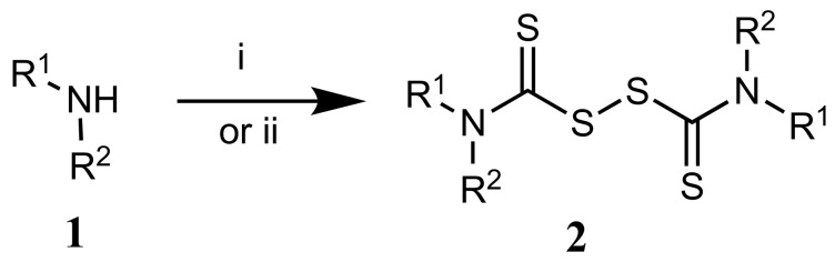 Chemical synthesis of disulfiram analogue 2. i: CS2, CB4, DMF, RT. ii: NaOH, CS2, NaNO2, water, 0 °C.