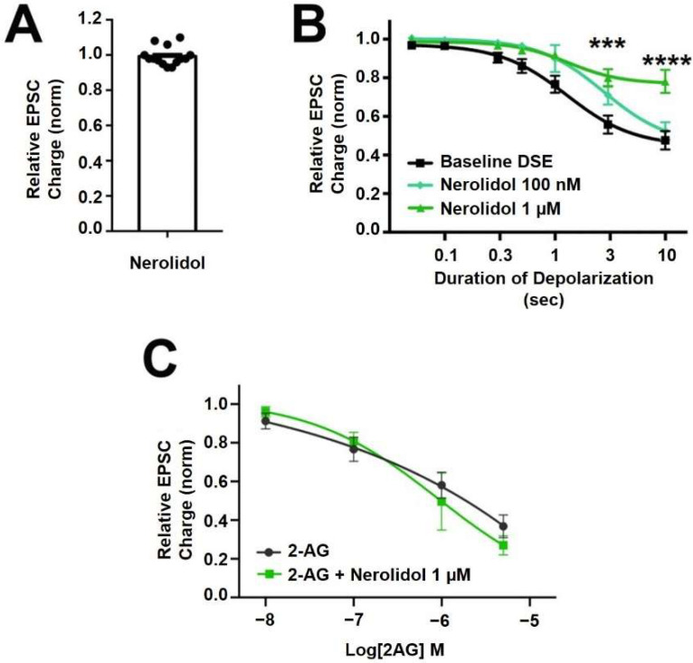 Nerolidol has complex interaction with cannabinoid signaling. (A) Nerolidol (1 μM) does not alter EPSC sizes. (B) Nerolidol substantially inhibits DSE responses at 1 μM but not at 100 nM. (C) 2-AG signaling is not diminished by treatment with nerolidol. *** p < 0.001, **** p < 0.0001 at 3 and 10 s depolarizations via 2-way ANOVA with Bonferroni post hoc test.