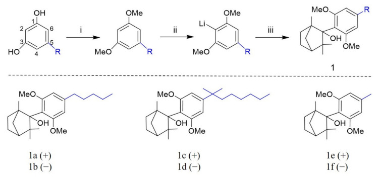 Synthesis of 2-(2′,6′-dimethoxy-4′-alkylphenyl)-1,3,3-trimethylbicyclo[2.2.1]heptan-2-ol analogs (1a–1f) a. a Reagents and conditions: (i) Potassium carbonate, anhydrous DMF and iodomethane. (ii) n-Butyllithium in hexane and anhydrous THF. (iii) Fenchone and anhydrous THF.