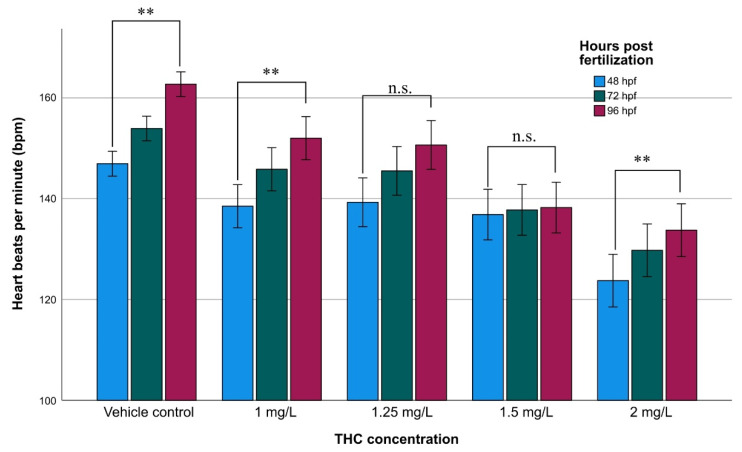 Heartbeat rate of zebrafish during embryonic development upon exposure to various concentrations of THC, at 48, 72, and 96 hpf. Asterisks denote statistically significant differences (**: p < 0.001, n.s.: non-significant) of heartbeat within various developmental stages at each concentration.