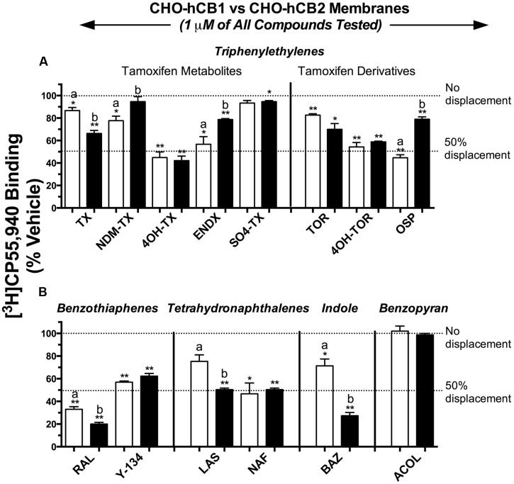 Selective estrogen receptor modulators from four of five structural classes exhibit affinity for CB1 and CB2Rs. Commercially available compounds from 5 structurally distinct classes were subjected to a radioligand binding screen (A,B). The ability of a single 1 μM concentration of each SERM to displace 0.2 nM of the high affinity, non-selective CB1R/CB2R radioligand [3H]CP-55,940 from hCB1 [open bars] or hCB2 [filled bars] receptors stably expressed in CHO cells was examined. ∗,∗∗ Histograms that are designated by asterisks, are significantly different from 100% specific [3H]CP-55,940 binding (P < 0.05, 0.01; One-sample t-test). a,b[3H]CP-55,940 binding of individual SERMs to hCB1 and hCB2 receptors designated by different letters, are significantly different (P < 0.05; Student’s t-test).