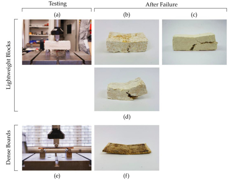 Samples during testing and after failure: (a) lightweight block under 3-point flexural test; (b) Block without or with low-density lattice in the middle; (c) Block with high-density lattice in the middle (shear failure); (d) Block with two layers of low-density lattices close to the top and bottom of the block; (e) Dense board under 3-point flexural test; (f) Dense board after failure without lattice reinforcement.