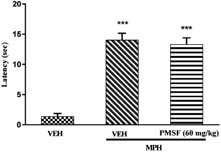 PMSF effect on the analgesic latency of acute morphine. The latency of nociceptive responses was measured 60 min after MPH administration. To assess the effects of PMSF on acute morphine-induced antinociception in the hot-plate test, the animals received a dose of PMSF (60 mg/kg, i.p.), 30 min before morphine (10 mg/kg, s.c.). Data are expressed as the means ± SEM. Each group consisted of 8 mice. ***P < 0.001 compared to vehicle control