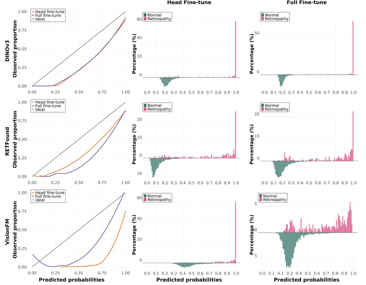 Calibration curves and predicted probability distributions for models fine-tuned on BRSET