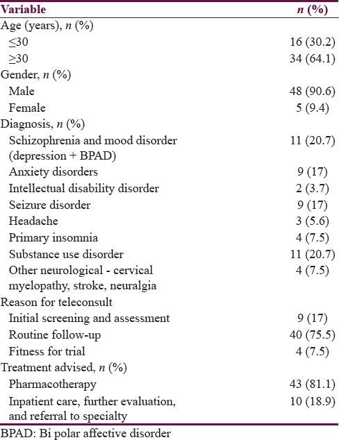 Sociodemographic and clinical profile of patients who sought Tele-Neuropsychiatry service (n=53)