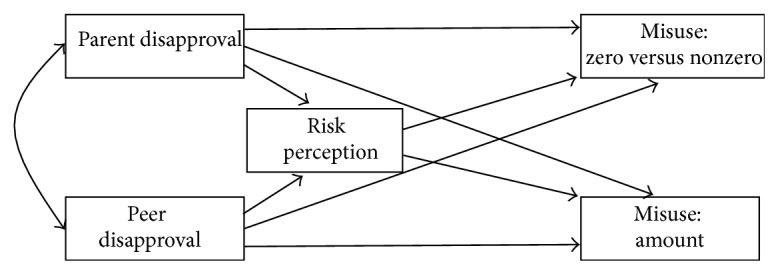 Path analysis model.This figure represents the paths to be tested for over-the-counter pain medication misuse, prescription pain medication misuse, and marijuana use. There are two models to be tested. One model identifies misuse: zero versus nonzero use (i.e., dichotomized use into users and nonusers) as the outcome variable and the other model identifies misuse: amount (reported use on frequency scale) as the outcome variable.