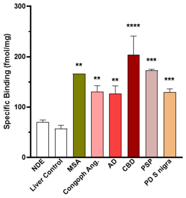 Specific binding (fmol/mg tissue equivalent) of 25 nM [3H]GMC-058, measured in TMAs from cases with different proteinopathies. NDE = non-dementia elderly controls; MSA = multiple-system atrophy; CAA = cerebral amyloid angiopathy; AD = Alzheimer’s disease; CBD = corticobasal degeneration; PSP = progressive supranuclear palsy; PD = Parkinson’s disease. **** p < 0.0001; *** p < 0.001; ** p < 0.01, compared to NDE control, obtained by one-way ANOVA with Dunnett’s multiple comparisons test. Bars represent the average ± s.e.m. of the respective number of cases as described in Table 2. In non-dementia controls (NDE) and liver tissue the values represent displaceable (off-target) binding.