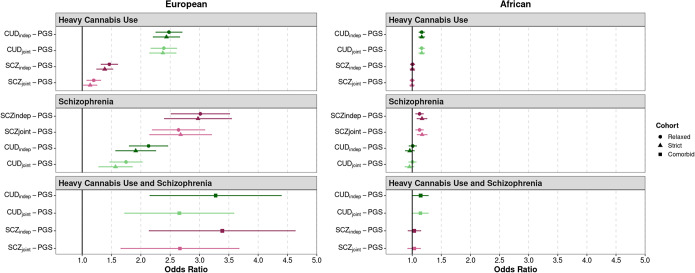 CUD and schizophrenia (SCZ) polygenic score associations with heavy cannabis use and schizophrenia. Associations shown for European and African samples under Relaxed (cases only screened for the primary outcome), Strict (cases with comorbid schizophrenia or heavy cannabis use removed), and comorbid (including both schizophrenia and heavy cannabis use) case definitions. Analyses conducted with CUD and SCZ PGSs considered independently (indep) or jointly (joint).
