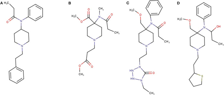 Structures of Fentanyl (A), remifentanyl (B), alfentanyl (C), and sufentanyl (D).