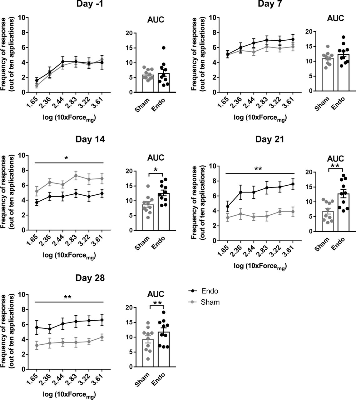 Nociceptive responses to mechanical stimulation with von Frey filaments.Significantly higher frequency of responses and AUC was observed in endometriosis mice when compared to sham mice on days 14, 21 and 28 after the surgery. For each day, left panel is frequency of response to each von Frey filament and right panel is the corresponding AUC. Error bars are mean ± SEM. For each day, one-way repeated measures ANOVA (left panels) and Student t-test (right panels). *p<0.05, **p<0.01 vs sham. Endo, endometriosis; AUC, area under the curve. Figure 1 - Source Data.