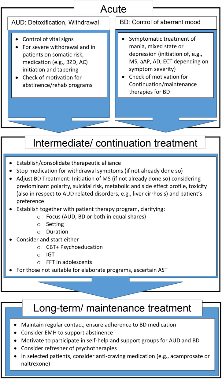Proposed treatment and support algorithm for patients with comorbid AUD and BD. aAP, atypical antipsychotics; AC, Anticonvulsants; AD, Antidepressants; AST, Assertive community treatment; AUD, Alcohol use disorder; BD, Bipolar Disorder; BZD, benzodiazepines; CBT, Cognitive behavioral therapy; ECT, Electroconvulsive therapy; EMH, E-Mental Health; FFT, Family-focused therapy; IGT, Integrated group therapy; MS, Mood stabilizer.