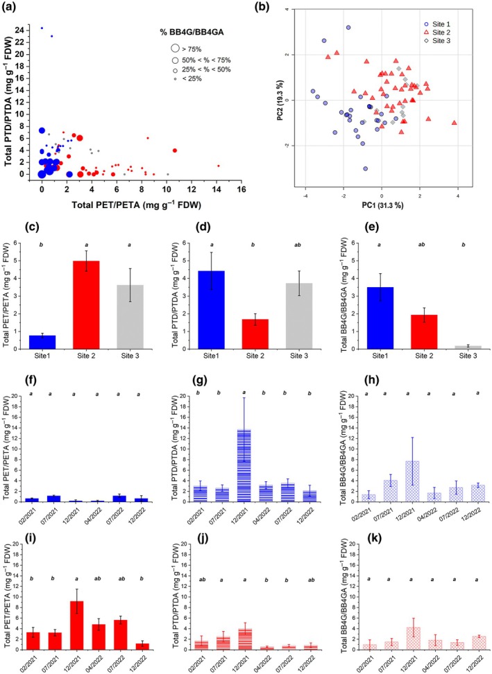 Bibenzyl cannabinoid concentrations in 75 Radula marginata samples from three sites. (a) Scatter plot between total perrottetinene diol/perrottetinene diol acid and total perrottetinene/perrottetinene acid concentrations, with the size of the bubble corresponding to the percentage of BB4G/BB4GA (blue Site 1, red S2 and gray S3); (b) Score plot of the Principal Component Analysis of the eight individual bibenzyl concentrations from the 75 collections; (c–e) bibenzyl cannabinoid concentrations averaged per site; (f–h for S1; i–k for S2) bibenzyl cannabinoid concentrations averaged per collection date (data represent mean ± SE). Different letters within each graph indicate a significant difference between means (ANOVA, P < 0.05, Tukey's test). Compound structures are illustrated in Fig. 1.