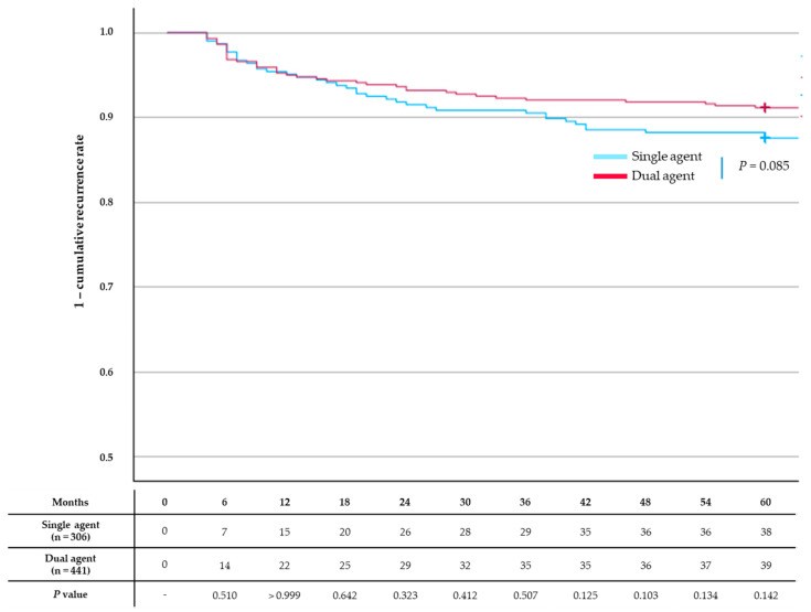 Kaplan–Meier curves for common bile duct stone recurrence. Recurrence rates did not differ significantly between the single-agent group and the dual-agent group (p = 0.085).