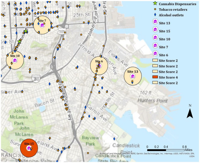 Map of Alcohol Outlets, Cannabis Dispensaries, and Tobacco Retailers Around Site 13, Site 15, Site 7, Site 6, and Site 10aaSite score is the composite score (range 0 to 4) of neighborhood-level exposure to alcohol, cannabis, substance use, and tobacco paraphernalia around each site. A score of 4 with a red buffer indicates high level of exposure. For example, site 15 had neighborhood assessment scores of 4.