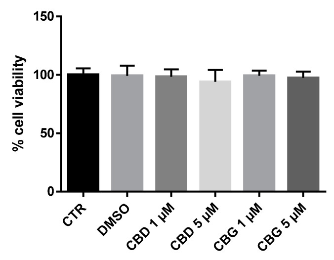 Cell viability in NSC-34 motor neuron-like cells exposed for 24 h to different cannabigerol (CBG) and cannabidiol (CBD) concentrations (1 or 5 µM). In all doses, no significant variation on cell viability was observed compared to the control group (p > 0.05). Data were expressed as the mean (± SD).
