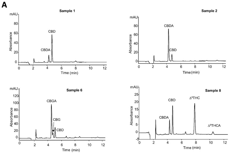 (A,B) Nano-LC-UV profiles of the hemp extracts. Experimental conditions: capillary columns (100 µm × 15 cm) packed with ChromSpher C18 dp 3 µm; mobile phase, ACN/H2O/formic acid, 80/19/1% (v/v/v). UV detection, 214 nm; injection time, 30 s; flow rate, 550. The samples here reported, were subjected to a dynamic maceration (DM) extraction procedure, with the exception of samples 4 and 5, which were subjected to the hydro-alcoholic extraction procedure (HAE).
