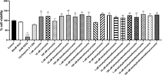 Effect of curcuminoids and curcuminoid analogs on primary human corneal limbal epithelial cells at concentrations of 1, 10, and 100 µM over 24 h. Cell viability kicker viability was determined using PrestoBlue™ cell viability reagent. **P < 0.0001, compared with the control group; and *P < 0.05, compared with the cyclosporin A 1:500 group