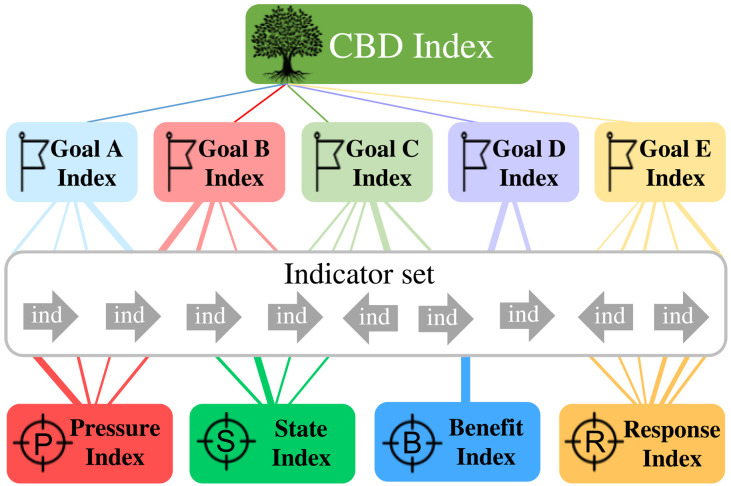 The hierarchical CBD Indices Framework.The CBD Index is constructed using five equally weighted Goal Indices, and the Goal Indices are calculated using associated indicators with varying indicator numbers and contributions, as demonstrated by the different numbers and sizes of the links from indicator icons to the Goal Indices. Similarly, the PSBR Indices are built using the same set of indicators but in different combinations.