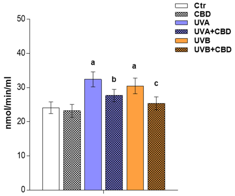 Activity of phospholipase A2 (PLA2) in the plasma of control rats (Ctr) and rats irradiated with UVA/UVA (UVA in increasing doses from 0.5 to 5 J/cm2 for 4 weeks; UVB in increasing doses from 0.02 to 2 J/cm2 for 4 weeks) treated and not treated with CBD (2.5 g CBD in 100 g petrolatum). Values are mean ± SD, p < 0.05; a—significantly different from control; b—significantly different from the rats irradiated with UVA; c—significantly different from the rats irradiated with UVB.