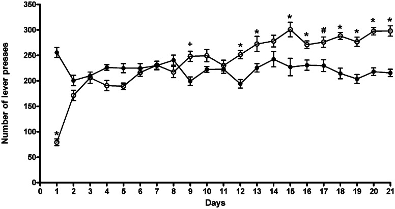 Number of lever presses during the 21 days of training period. Each value represents the means ± S.D. of 16 rats. #p < 0.05; +p < 0.01; *p < 0.001 vs. control groups. (●) CTR, (○) ACD.