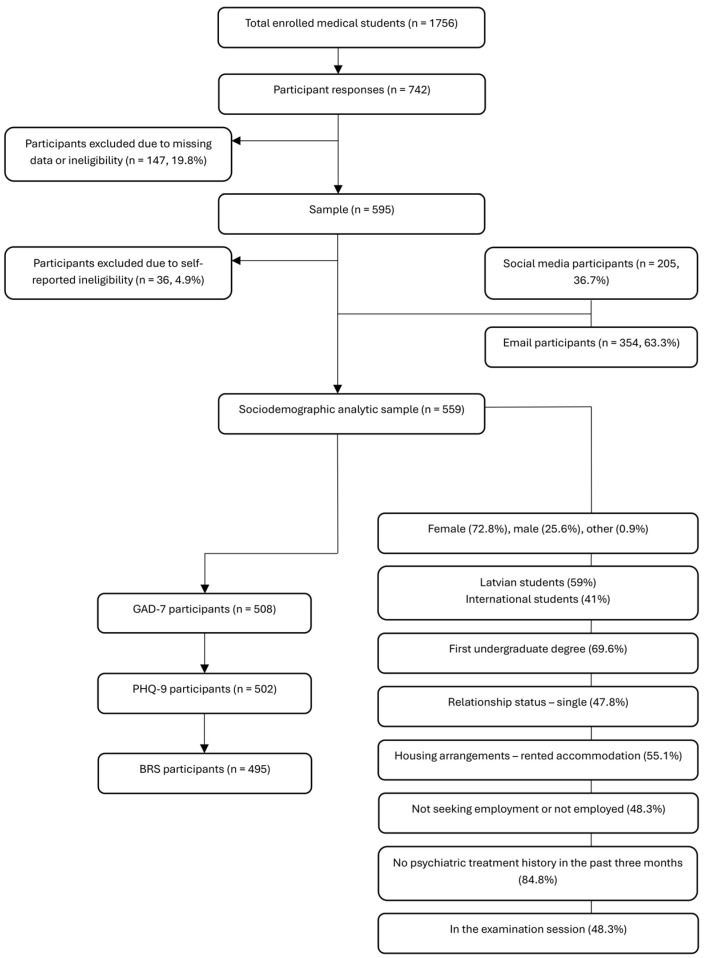 Participant flow diagram illustrating the recruitment, exclusion, and final analytic sample of medical students (n = 559), including subsamples completing the GAD-7, PHQ-9, and BRS.