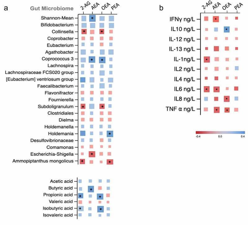 Matrix plot showing the associations of: (a) OTU abundance and short chain fatty acids with endocannabinoids; and (b) pro and anti-inflammatory markers with endocannabinoids. Associations are based on data from the longitudinal cohort. Squares represent beta coefficients with size and color varying based on size and direction of association. (FDR adjusted *p < .05)