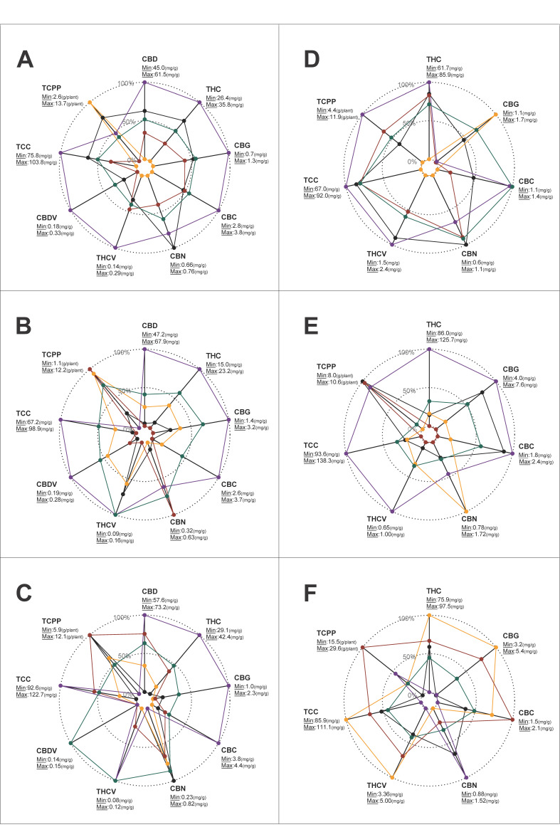 Radar charts for the relative quantities of cannabinoids recorded for 5 replicates (marked by colours) of 6 genotypes (A–F). The absolute range of cannabinoid quantities, minimum (0%) and maximum (100%), is presented next to each of the recorded parameters.