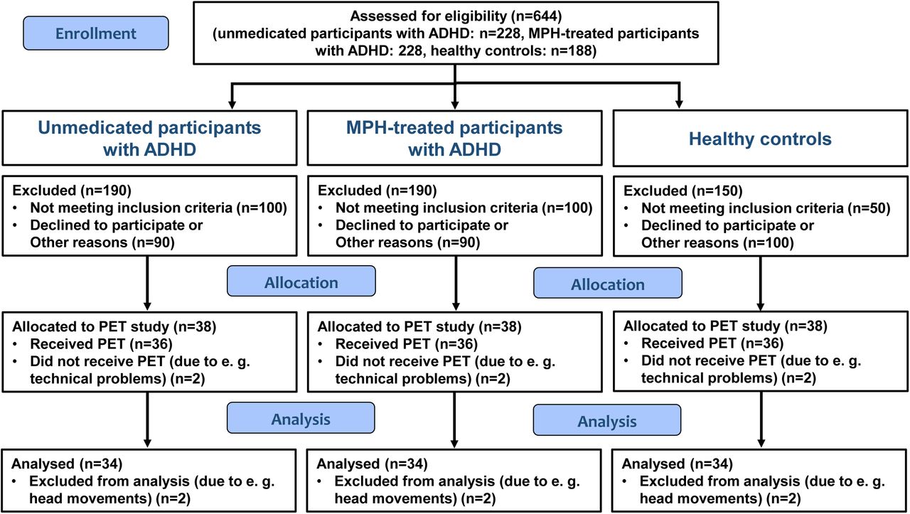 Flow diagram. This is a monocentric, parallel-group study with three study arms (i.e., unmedicated participants with ADHD, methylphenidate-treated participants with ADHD, and healthy controls).