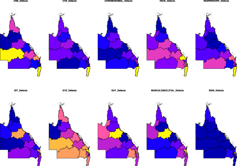 Choropleth maps of congenital anomaly class rates across QLD and NNSW. High rates are shown in yellow and low rates in dark blue. Maps were drawn using R package “sf” [15]