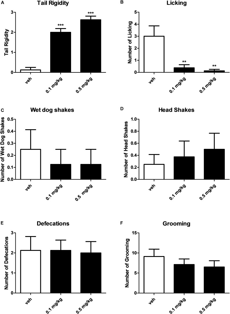 Effect of treatment with AKB48 (0.1 and 0.5 mg/kg, i.p.) on tail rigidity (A), licking (B), wet dog shakes (C), head shakes (D), defecation (E), and grooming behavior (F) in rats. Data are expressed (see Materials and Methods) as arbitrary units (A) or absolute values (B–F) and represent the mean ± SEM of 8 animals for each treatment. Statistical analysis was performed by one-way ANOVA followed by the Bonferroni’s test for multiple comparisons. ∗∗p < 0.01, ∗∗∗p < 0.001 vs. vehicle.