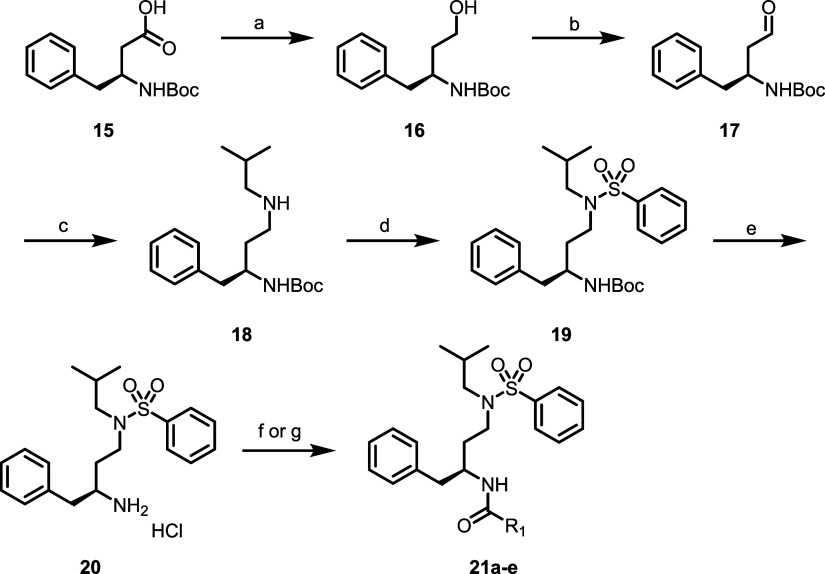 Synthesis of Compounds 21a–e a Reagents and conditions: (a) LAH, THF, 0 °C–r.t., 87%; (b) sulfur trioxide pyridine complex, DIPEA, DMSO, 0 °C–r.t., 100%; (c) isobutylamine, NaBH­(OAc)3, DCM, r.t., 88%; (d) benzenesulfonyl chloride, NaHCO3, DCM, H2O, 0 °C–r.t., 87%; (e) HCl, 1,4-dioxane, r.t., 100%; (f) substituted alcohol, disuccinimidyl carbonate, pyridine, TEA, MeCN, r.t., 38–49%; (g) substituted carboxylic acid, HATU, DIPEA, DMF, r.t., 47–63%.