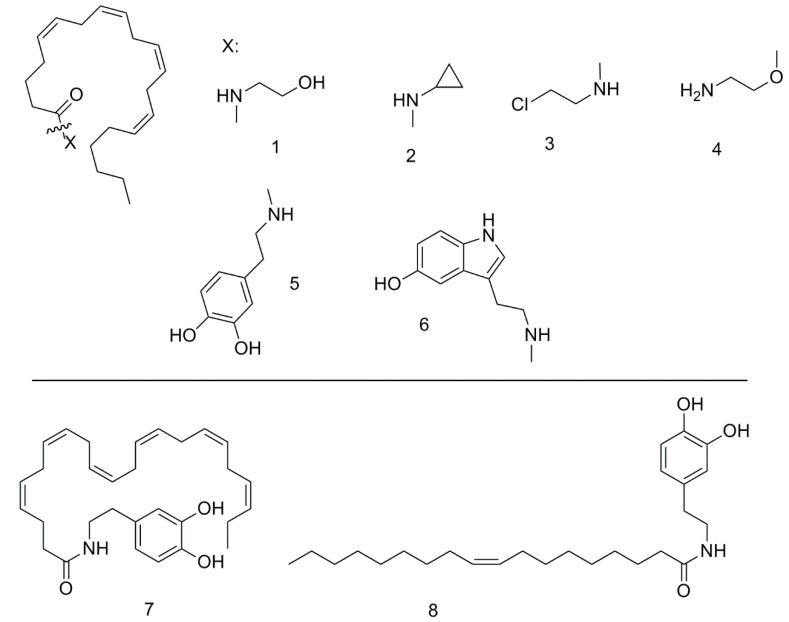 The structures of the compounds used in this work: 1, N-arachidonyl ethanolamine (AAEA), 2, arachidonoyl cyclopropylamine, 3, arachidonoyl 2-chlorethylamine, 4, O-arachidonoyl ethanolamine (VRD), 5, arachidonoyl dopamine, 6, arachidonoyl serotonin, 7, docosahexaenoyl dopamine, 8, oleoyl dopamine.