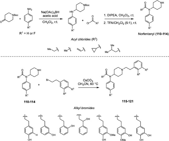 Synthetic strategy to obtain nor‐fentanyl derivatives (110‐114) and the main metabolites formed through CYP450‐catalyzed oxidation of the phenylethyl moiety.