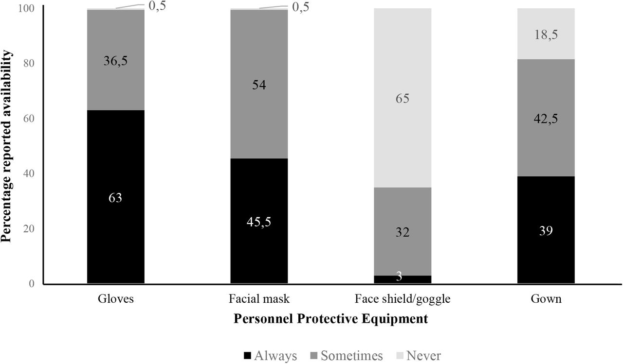 Reported Availability of PPE Among Healthcare Workers at the Buea Regional Hospital, 2023 (n=200)