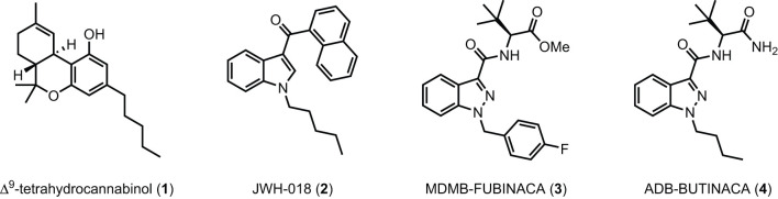Δ9-THC (1), JWH-018 (2), and selected SCRAs MDMB-FUBINACA (3) and ADB-BUTINACA (4).