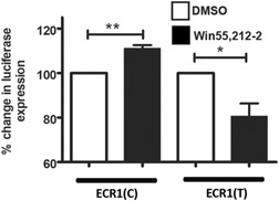 The C‐allele of the ECR1 allele permits autoregulation of the CNR1 promoter while the T‐allele acts as a repressor. Dual luciferase analysis of primary hippocampal cells magnetofected with pECR1(C)‐luc (pECR1(C)) or pECR1(T)‐luc (pECR1(T)) constructs and treated with vehicle (white bars) or Win55,212‐2 (100 nM; black bars) for 24 hr (n = 6, error bars = SDM, *p < .05, **p < .01). Win55,212‐2 treated dual luciferase results (black bars) were normalized against the DMSO‐treated results (white bars) for clarity. SDM, standard deviation of the mean. SDM, standard deviation of the mean