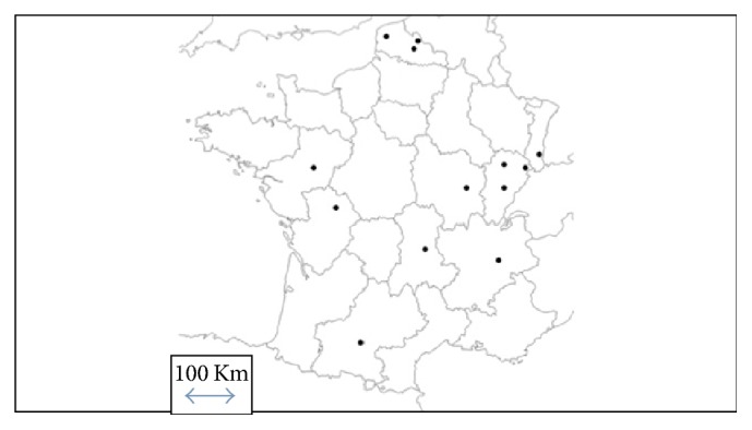 Distribution of participating hospitals in metropolitan France. List of the participating hospitals and local investigators: University Hospital of Angers, France, Mazet B. University Hospital of Besançon, France, Desmettre T. University Hospital of Clermont Ferrand, France, Schmidt J. University Hospital of Dijon, France, Honnard D. University Hospital of Grenoble, France, Carpentier F. University Hospital of Poitiers, France, Lardeur JY. University Hospital of Toulouse, France, Lauque D. Hospital of Belfort, France, Braun JB. Hospital of Béthune, France, Dubard AE. Hospital of Boulogne/Mer, France, Duncan G. Hospital of Lomme, France, Bronet N. Hospital of Mulhouse, France, Goulesque B. Hospital of Roubaix, France, Depelchin A. Hospital of Vesoul, France, El Cadi T.